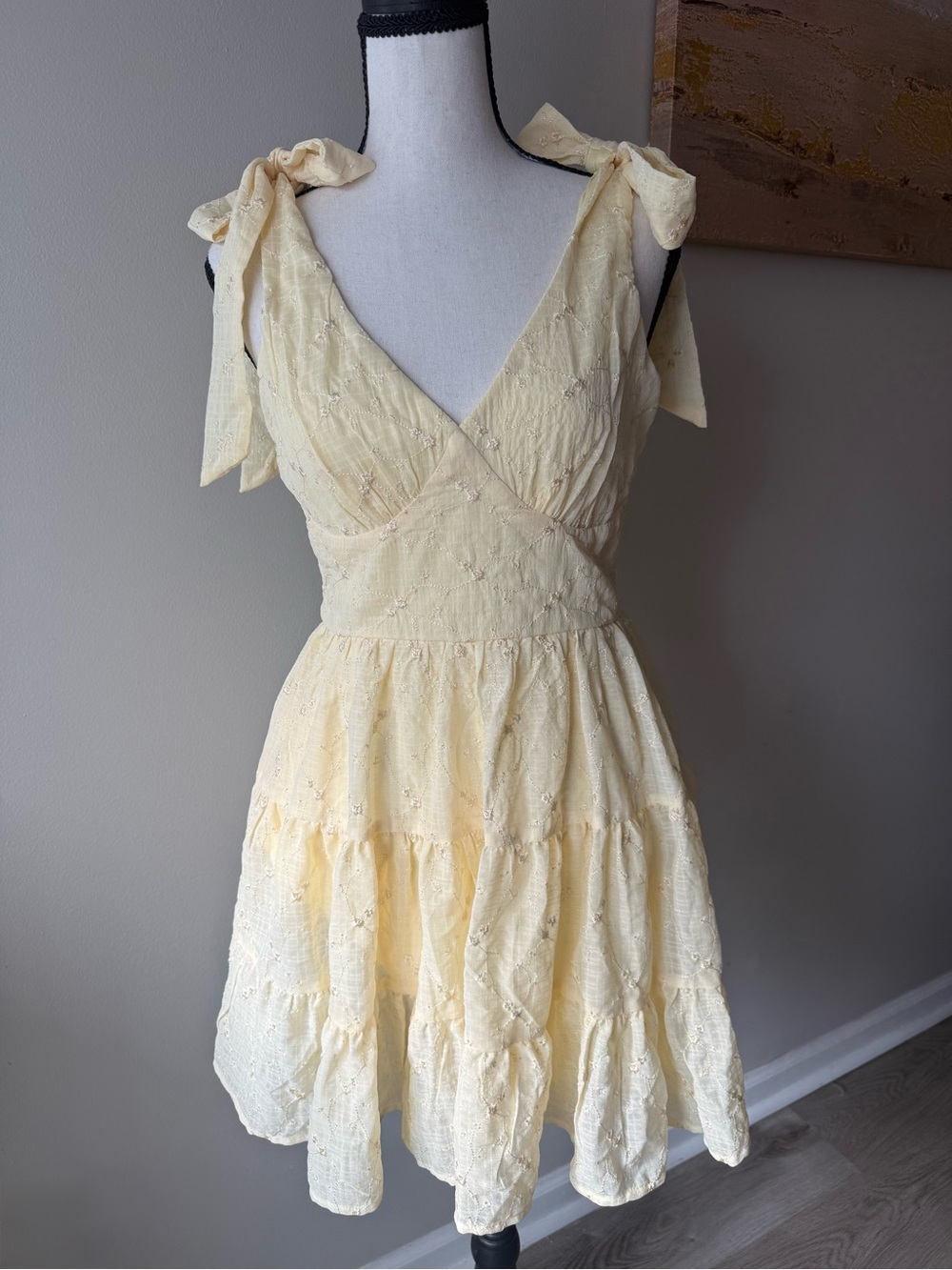 NWT Trixxi Butter Yellow Bow Strap Tiered Mini Dress Size S Cottagecore MSRP $64